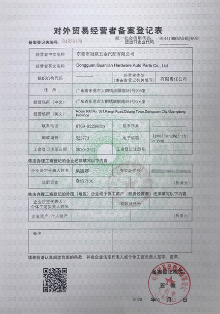 China Dongguan Guanlian Hardware Auto Parts Co., Ltd. zertifizierungen